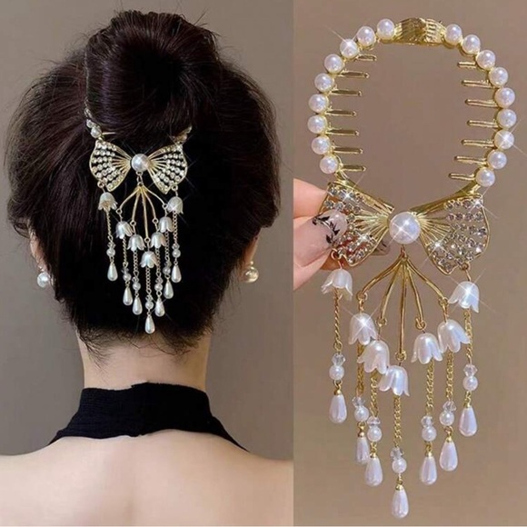 Elegant Bow and Lily Pearl Hair Accessory with Pearl & Rhinestone Accents - Picture 2 of 3